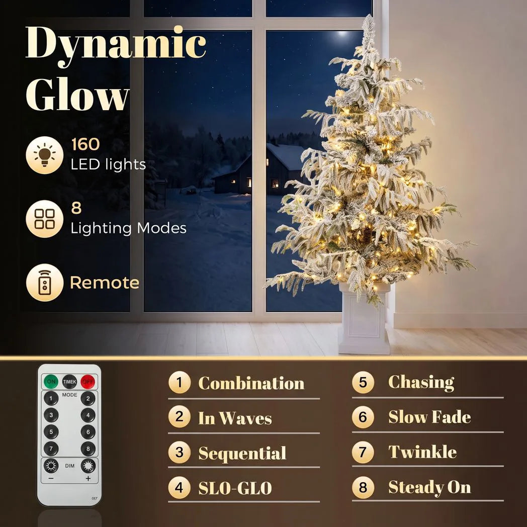 HOMCOM 4ft Pre-Lit Flocked Christmas Tree with 160 Warm White LEDs and 8 Modes – Snow Spruce, Green