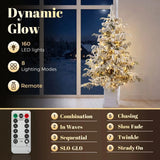 HOMCOM 4ft Pre-Lit Flocked Christmas Tree with 160 Warm White LEDs and 8 Modes – Snow Spruce, Green