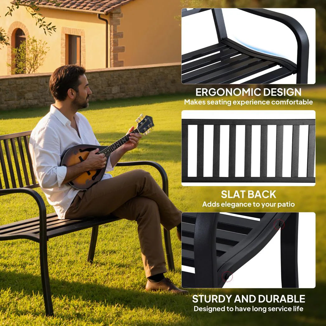 Outsunny Metal Garden Bench Loveseat with Slatted Seat & Curved Armrests – 2-Seater Outdoor Bench, Black