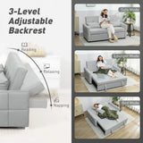 HOMCOM Three-Way Two-Seater Sofa Bed with Click-Clack Reclining Back – Linen-Look Loveseat, Light Grey