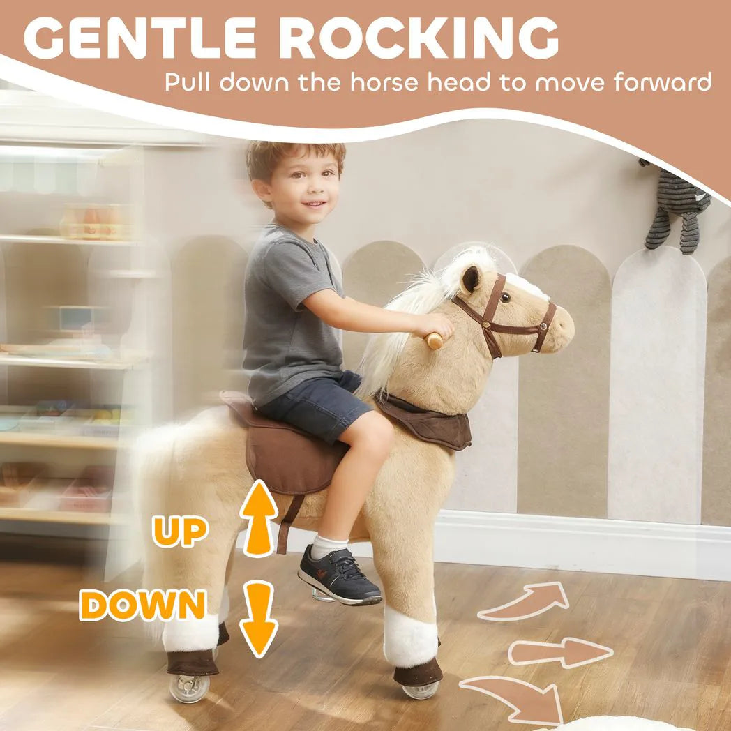 AIYAPLAY Plush Rocking Horse Ride On Pony with Wheels, Saddle & Handlebars – Kids 3–5 Years, Brown