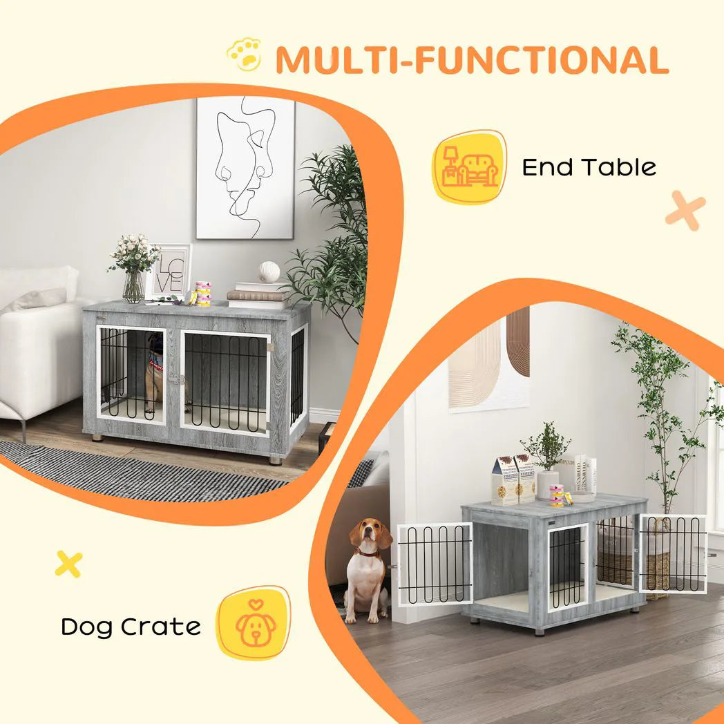 PawHut Dog Crate Furniture End Table with Cushion and Double Doors – Indoor Kennel, Grey