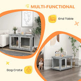 PawHut Dog Crate Furniture End Table with Cushion and Double Doors – Indoor Kennel, Grey