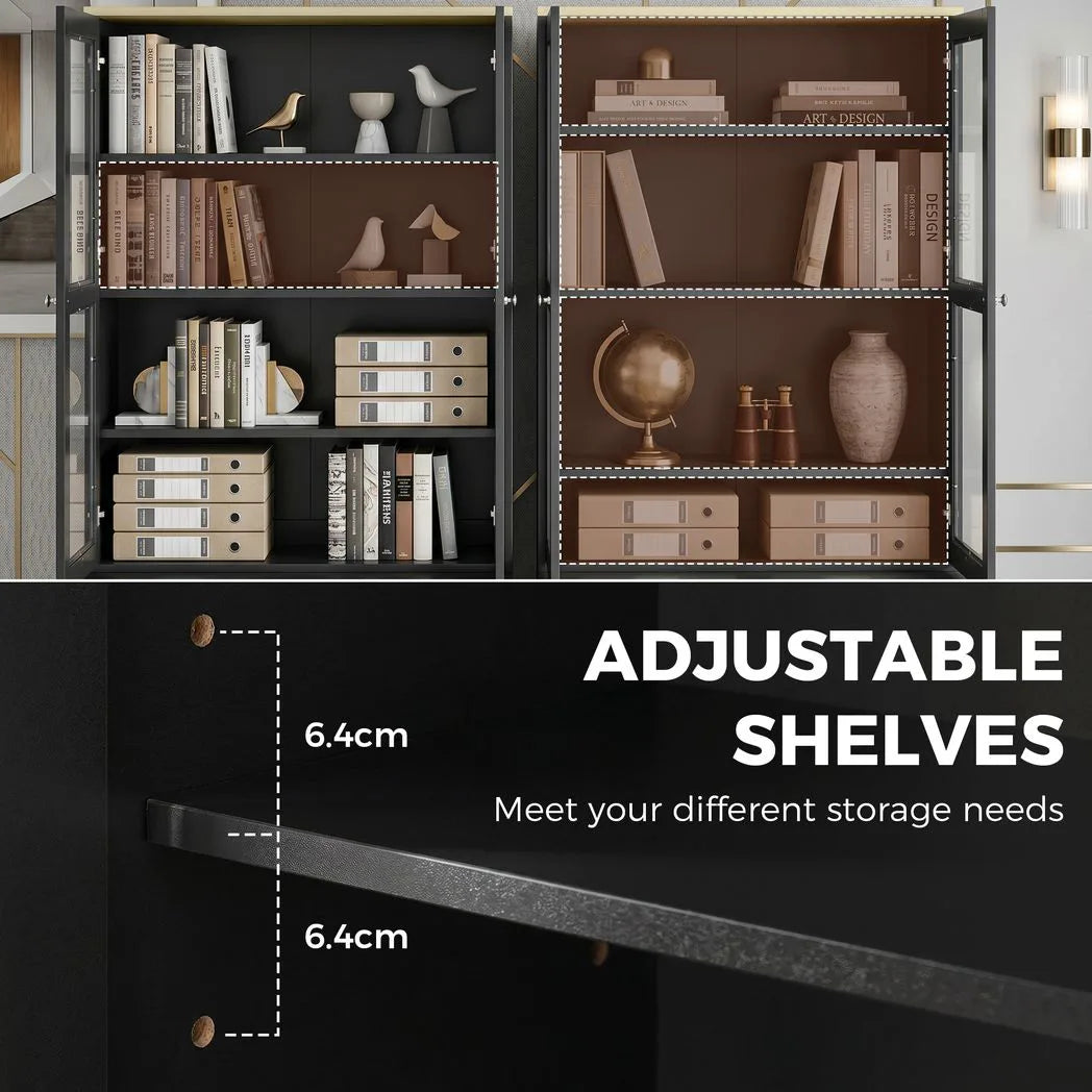 HOMCOM Modern Bookcase Display Cabinet with Glass Doors & Adjustable Shelves – Storage Unit, Black