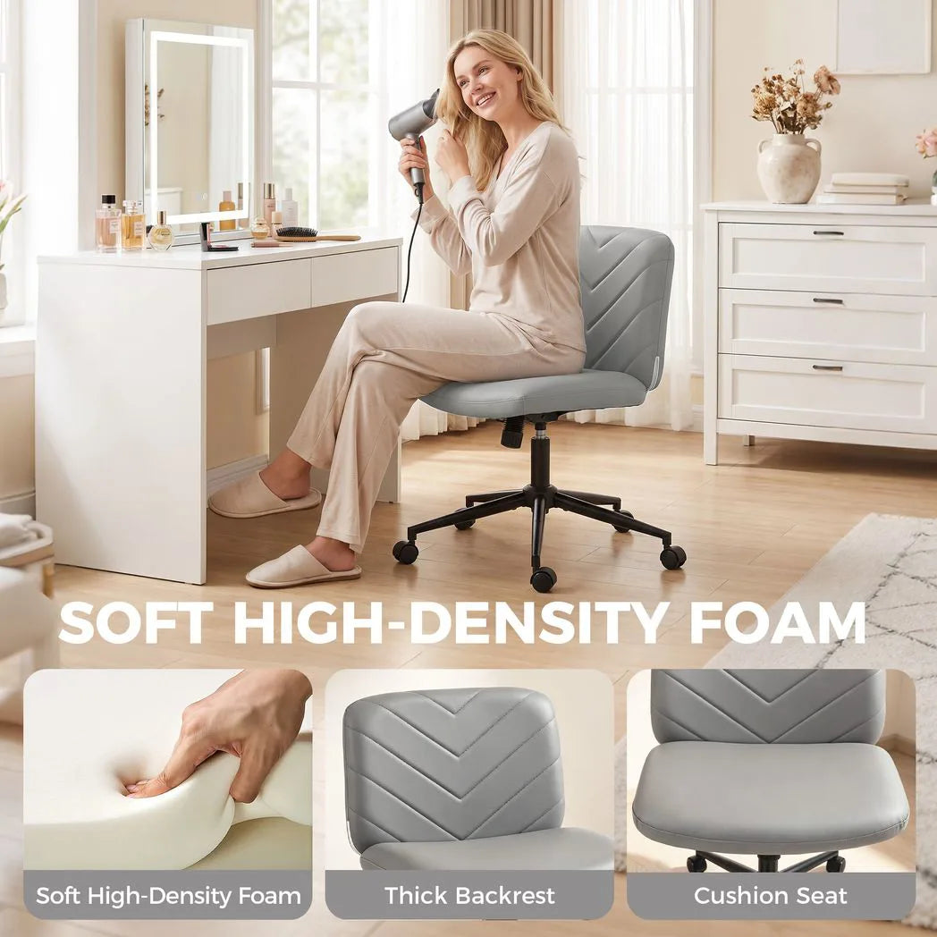 HOMCOM Armless Home Office Desk Chair with Wide 62cm Seat, Adjustable Height and Rocking – Pet-Friendly Leather, Grey