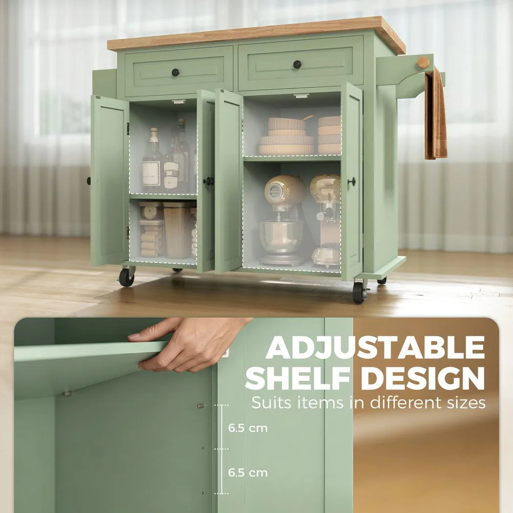 HOMCOM Rolling Kitchen Island with Rubberwood Top, Drawers & Cabinets – Dining Room Storage Trolley, Light Green