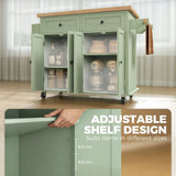 HOMCOM Rolling Kitchen Island with Rubberwood Top, Drawers & Cabinets – Dining Room Storage Trolley, Light Green
