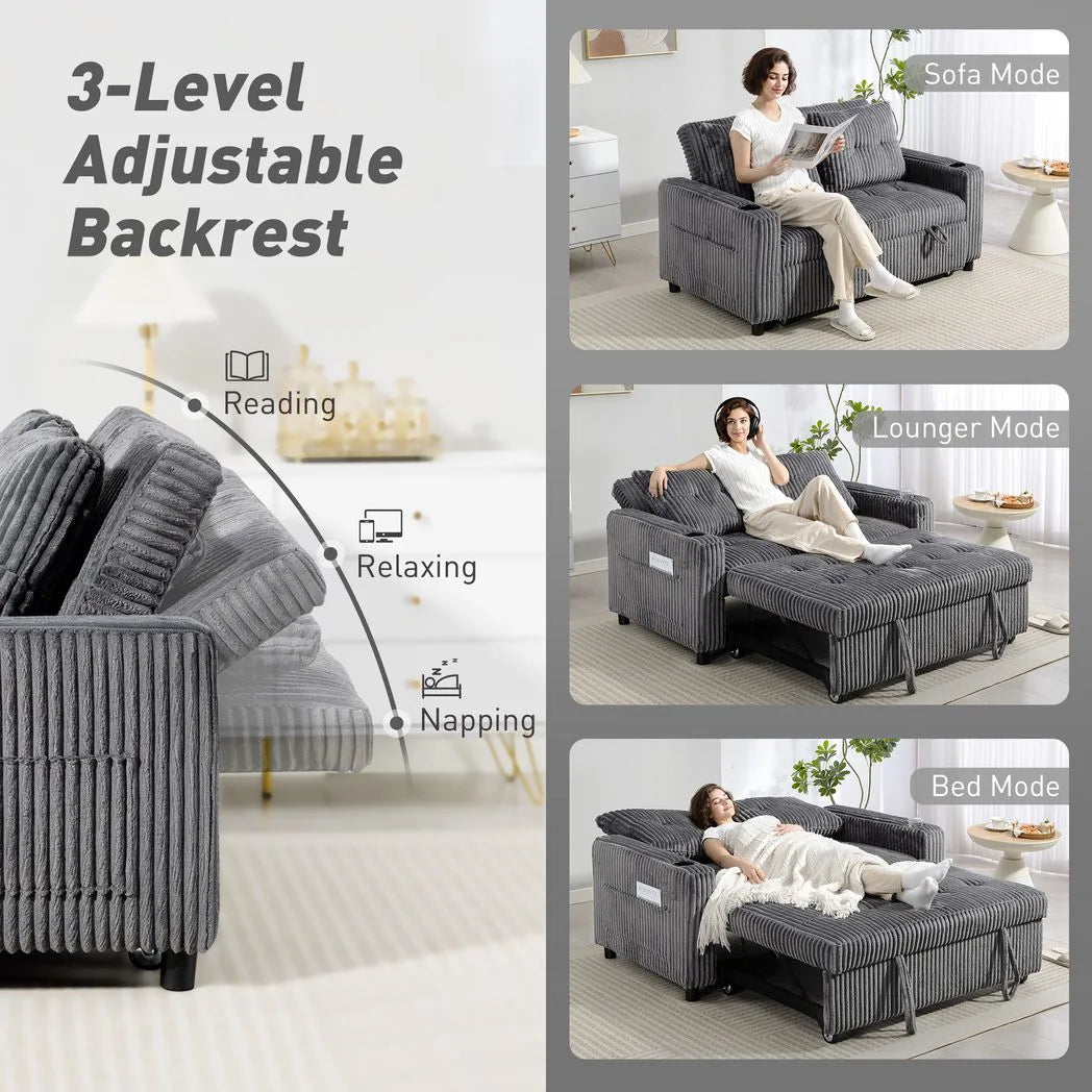 HOMCOM 2 Seater Click Clack Sofa Bed with Pull-Out Design & Cup Holders – Corduroy Upholstery, Charcoal Grey