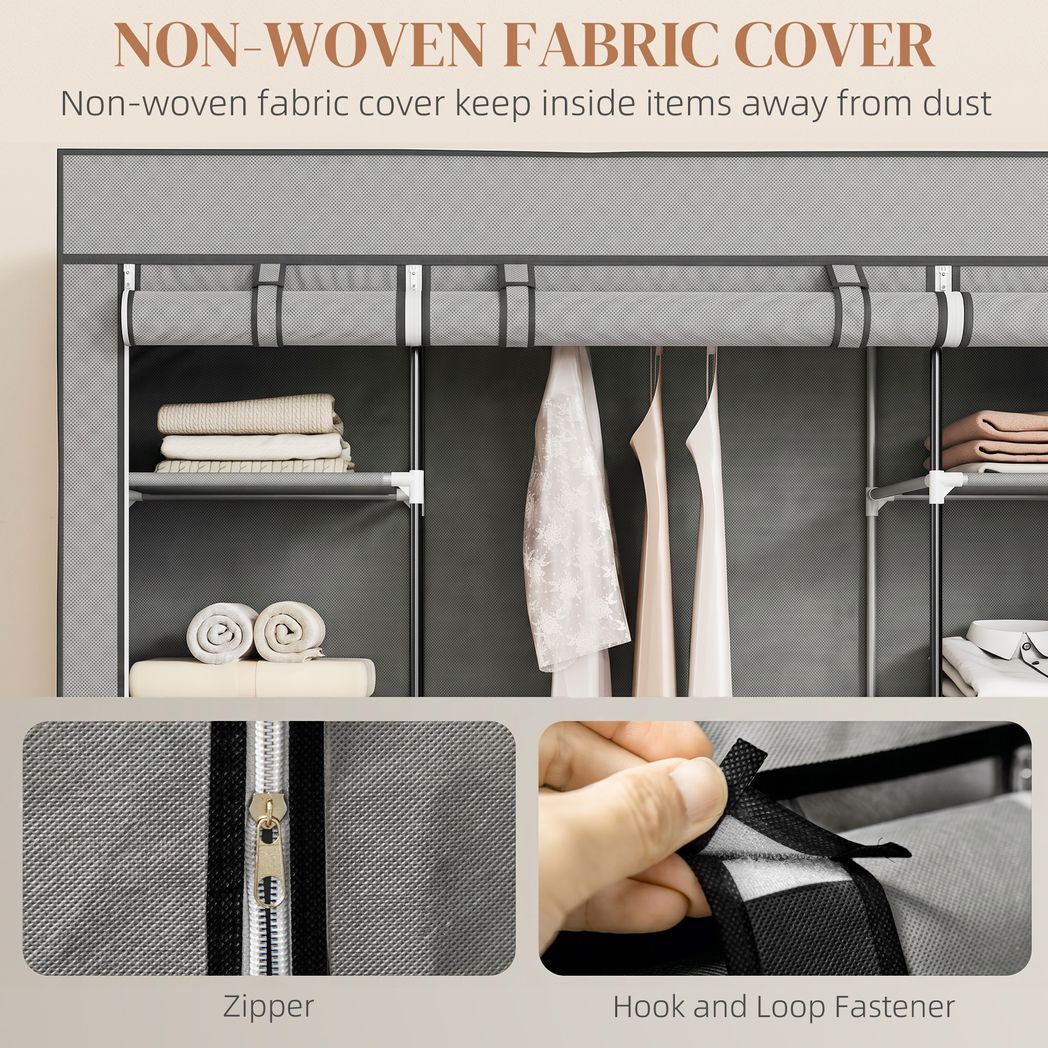 HOMCOM Foldable Wardrobe with 10 Shelves and Hanging Rail – Portable Fabric Clothes Organiser, Light Grey