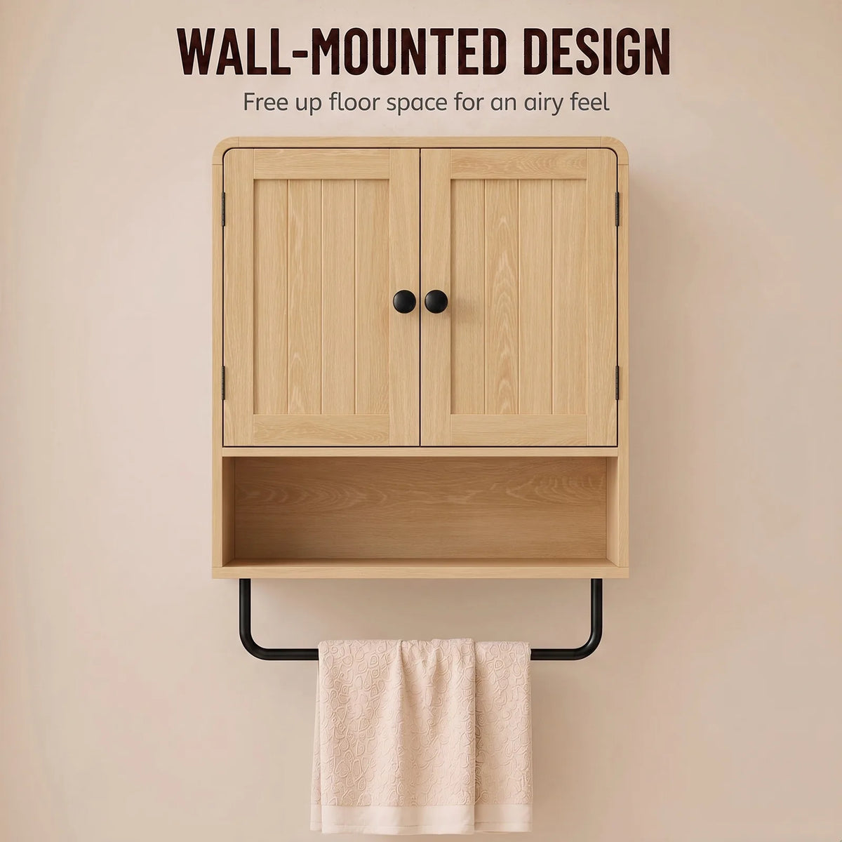 HOMCOM Wall-Mounted Bathroom Cabinet with 2 Doors, Open Shelf and Towel Rail – Bathroom Storage, Oak