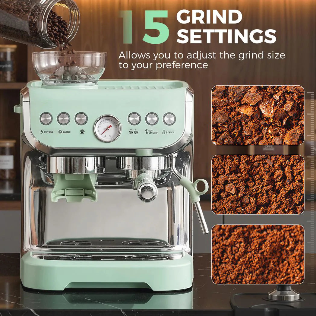 HOMCOM 15 Bar Espresso Machine with Adjustable Grinder, Steam Wand and 2L Tank – Semi-Automatic, Light Green