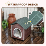 PawHut Insulated Outdoor Cat House with Elevated Base and Cushion – Water-Resistant Cat Shelter, Red-brown