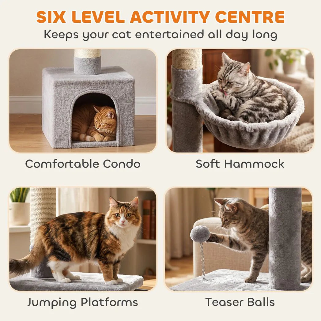 PawHut Floor to Ceiling Cat Tree, 230-250cm Adjustable Six-Level Cat Tower with Hammock, Condo & Sisal Posts