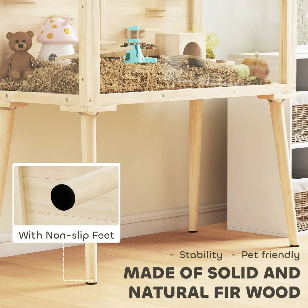 PawHut Wooden Hamster Cage with Openable Top, Seesaws and Water Bottle – Gerbil Habitat, 110 x 52 x 101 cm