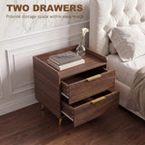 HOMCOM Two-Drawer Bedside Table with Gold-Tone Handles and Anti-Tipping Straps – Nightstand, Walnut Brown