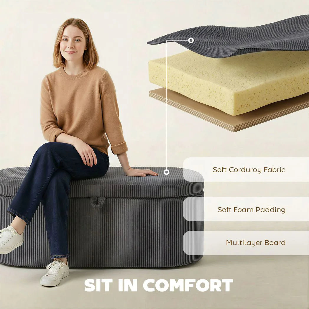 HOMCOM Corduroy Storage Ottoman Bench with Padded Seat and Hidden Storage – Living Room and Bedroom Seating, Dark Grey