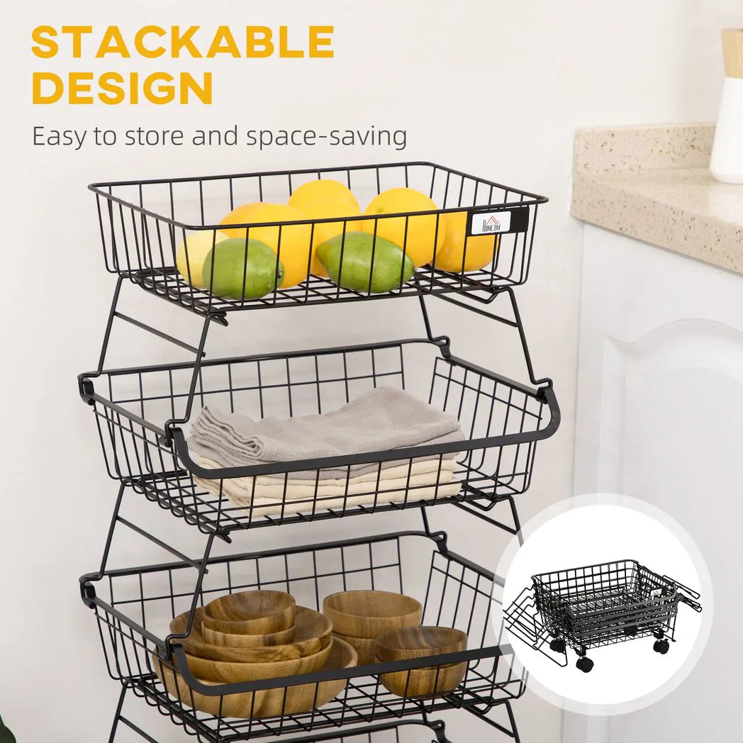 HOMCOM 5-Tier Stackable Storage Trolley – Fruit and Vegetable Cart for Kitchen and Living Room with Lockable Wheels, Black