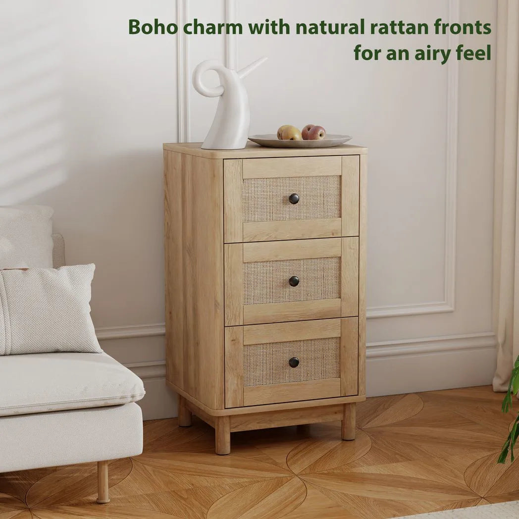 HOMCOM 3 Drawer Chest of Drawers, 40cm Bohemian Rattan Bedroom Dresser with Anti-Tip Kit – Oak