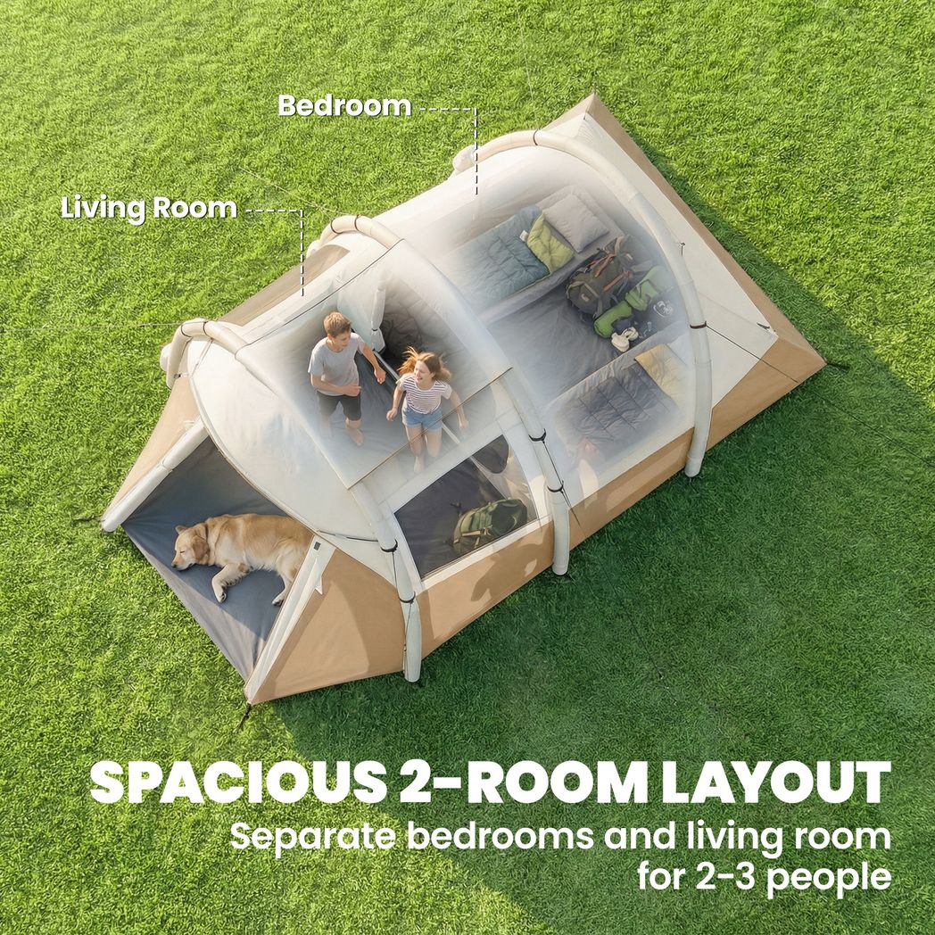 Outsunny 2-3 Person Inflatable Camping Tent with Air Pump, Bedroom & Living Room – Easy Setup Blow Up Tent, Khaki
