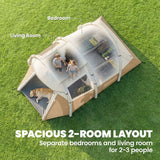 Outsunny 2-3 Person Inflatable Camping Tent with Air Pump, Bedroom & Living Room – Easy Setup Blow Up Tent, Khaki