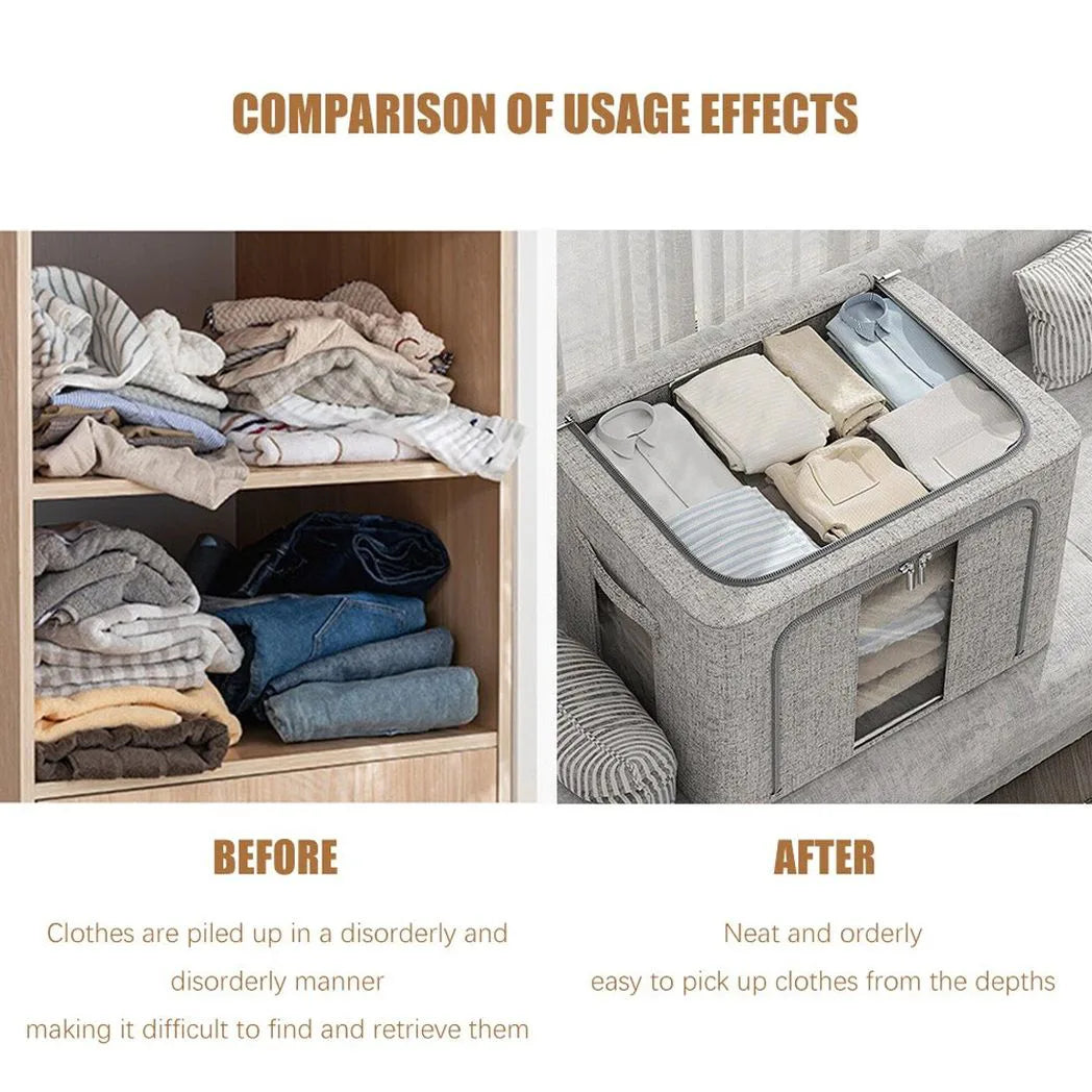 Foldable Clothes Storage Boxes with Steel Frame, Clear Window and Zip Top – Wardrobe Organisers, Grey, Set of 2