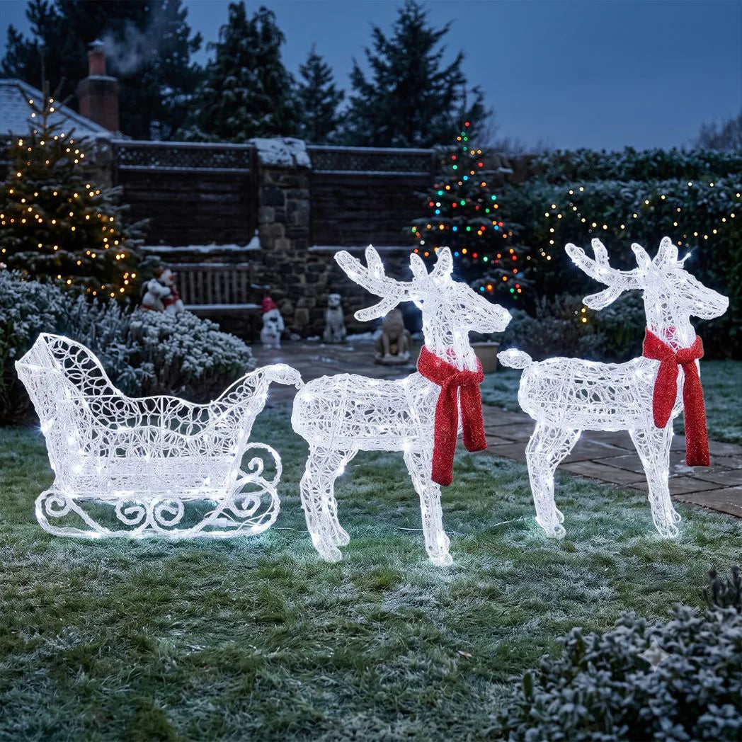 Light-Up Reindeer and Sleigh Christmas Decoration – 73cm, 240 White LEDs, UK Plug