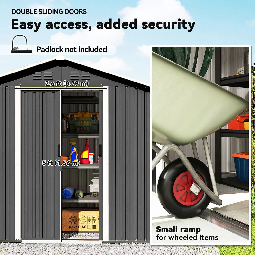 Outsunny 6.5 x 3.5ft Galvanised Metal Garden Shed with Double Doors and Vents, Dark Grey