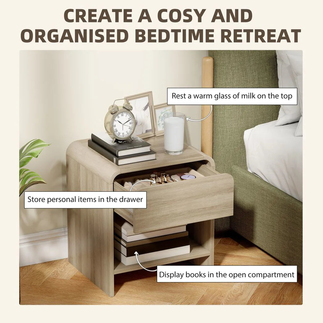 HOMCOM Set of 2 Bedside Tables with Silent Drawer and Open Shelf – Nordic Style Nightstands, Natural