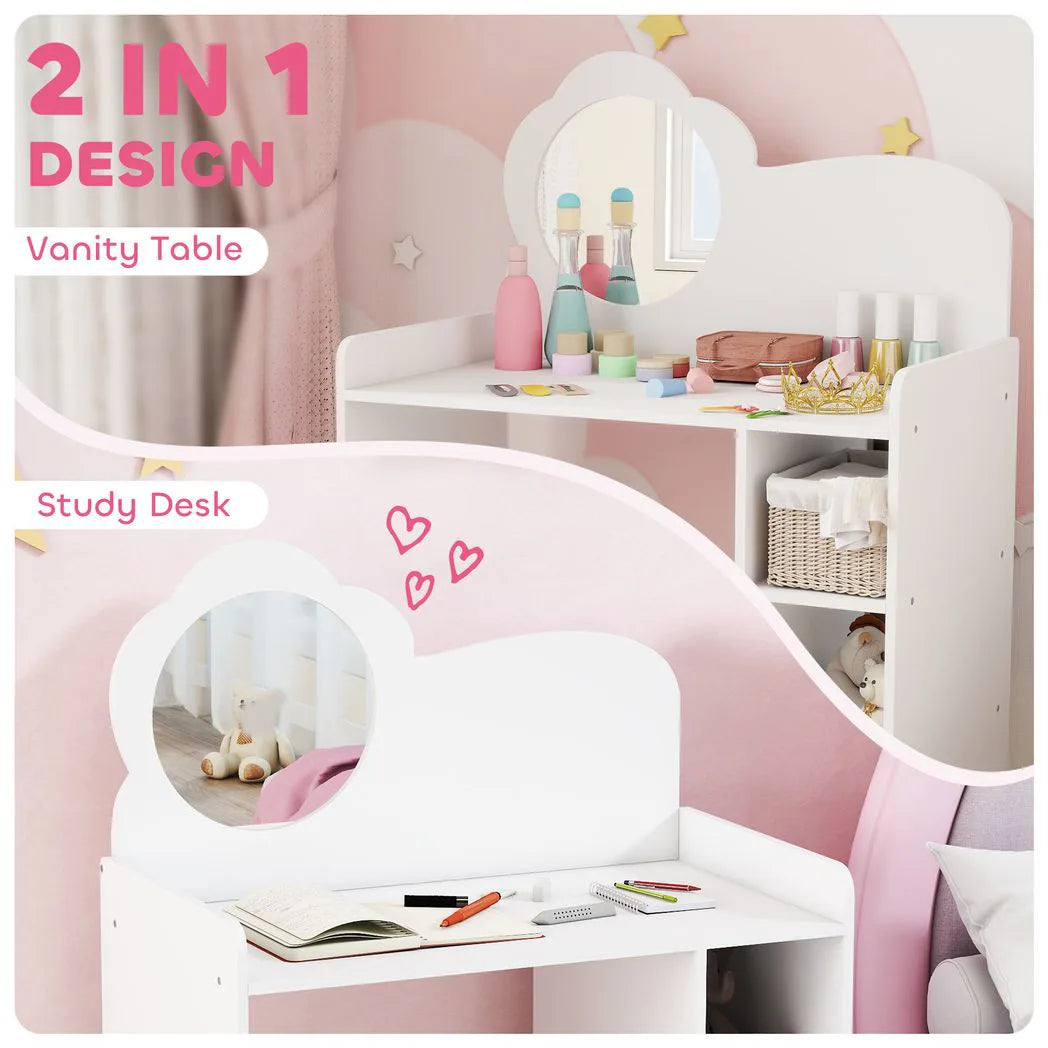 AIYAPLAY Kids Dressing Table with Mirror and Stool – 2-in-1 Vanity Table with Shelves for Ages 3-8, White