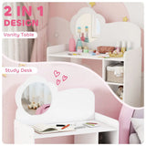 AIYAPLAY Kids Dressing Table with Mirror and Stool – 2-in-1 Vanity Table with Shelves for Ages 3-8, White