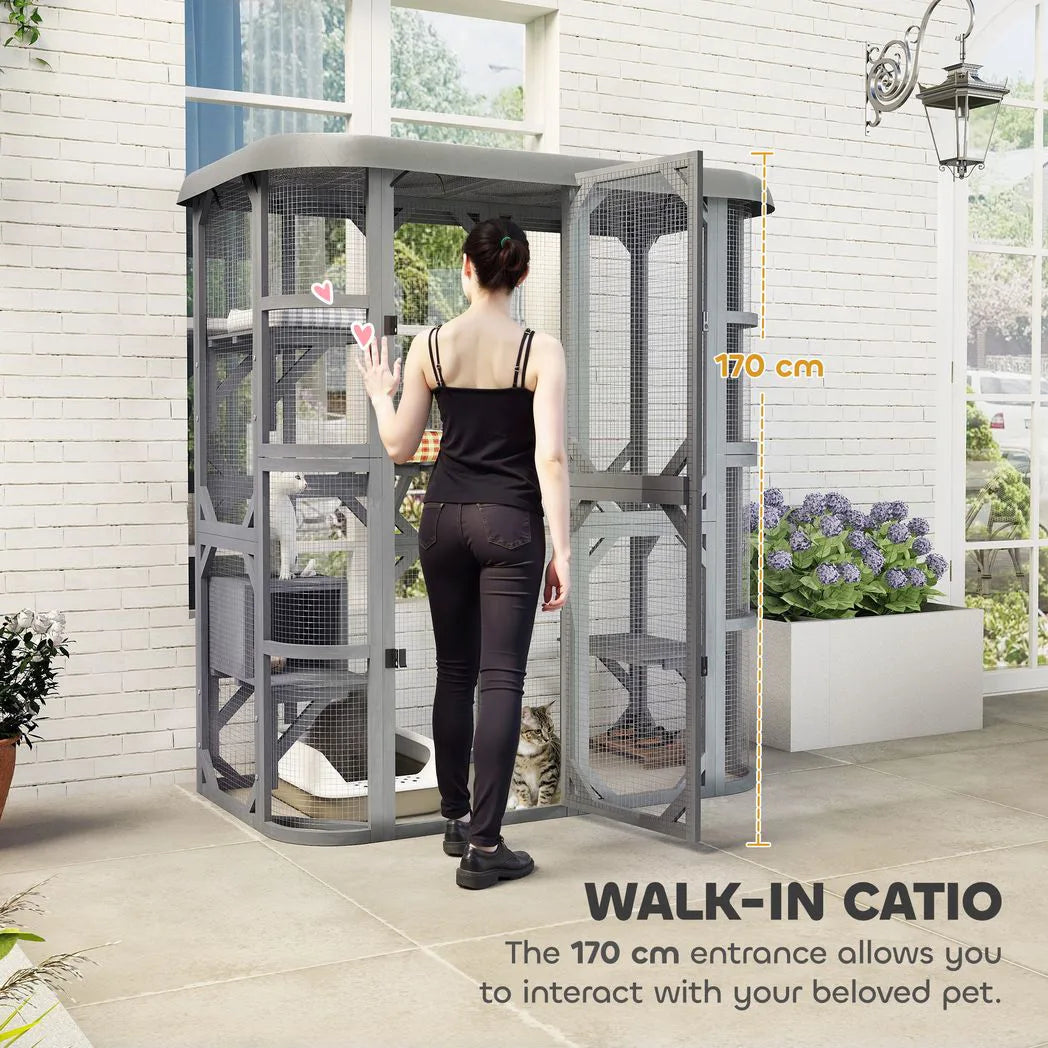 PawHut Outdoor Catio Cat Enclosure with Platforms, Condo and Waterproof Cover – Wooden, Grey