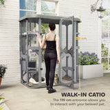 PawHut Outdoor Catio Cat Enclosure with Platforms, Condo and Waterproof Cover – Wooden, Grey