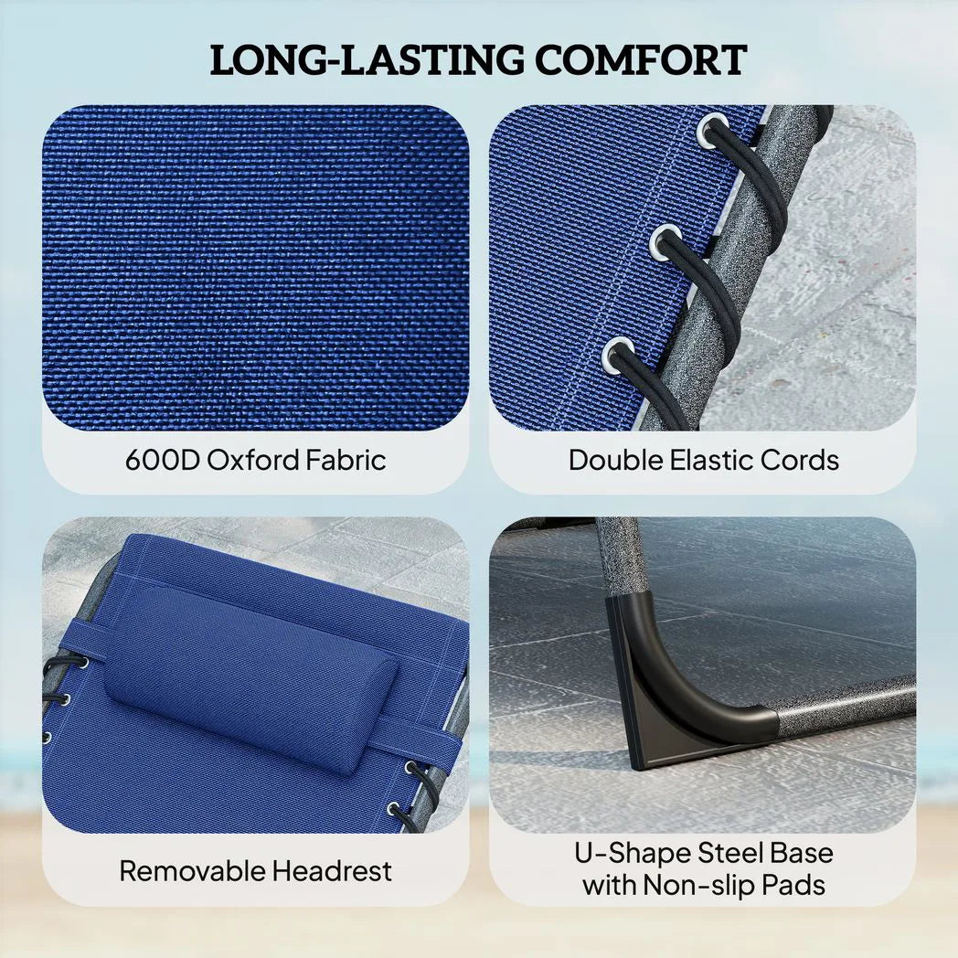 Outsunny Set of 2 Folding Sun Loungers, 5-Position Reclining with Pillow, Side Table and Pocket, Dark Blue