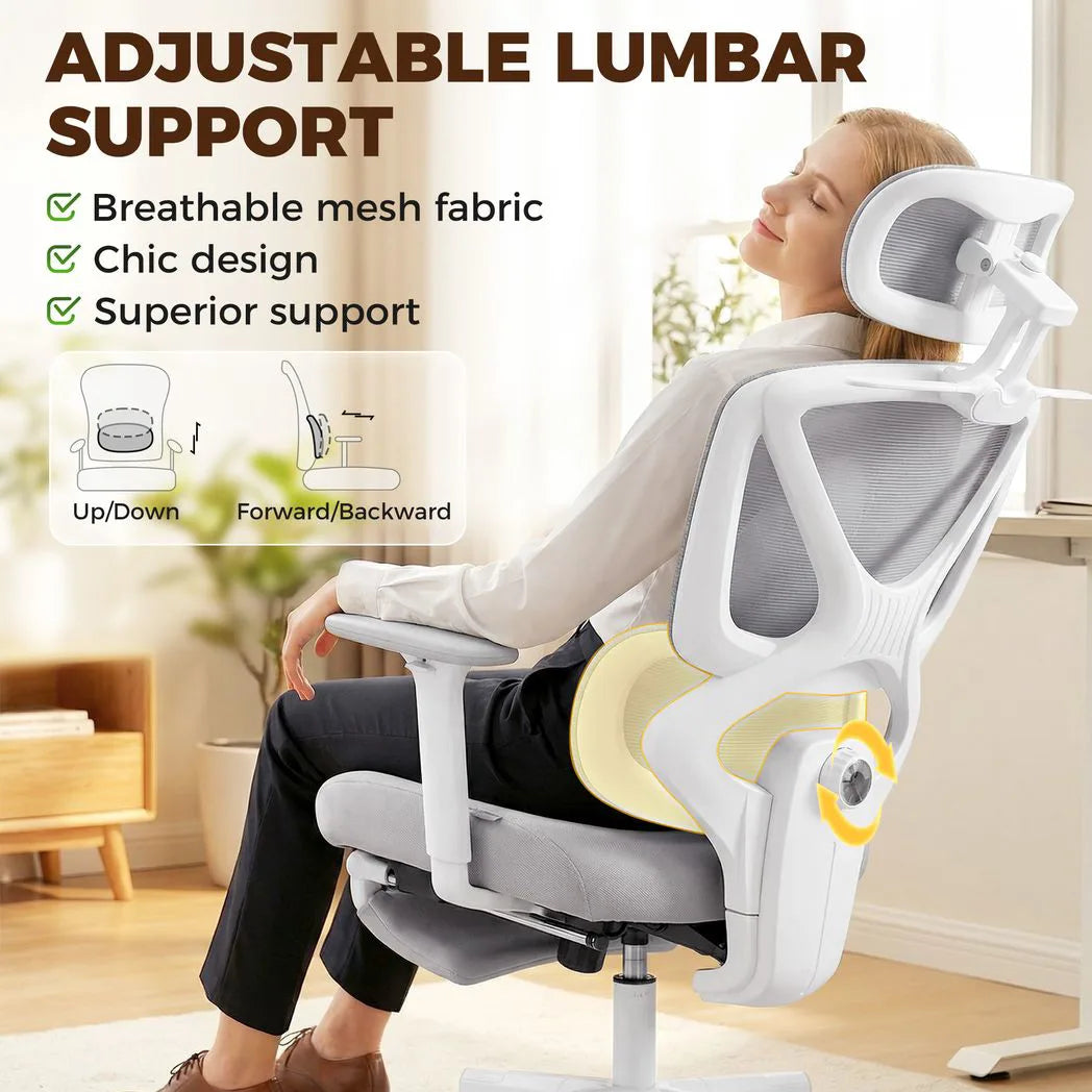 HOMCOM Ergonomic Office Chair with Adjustable Headrest, Lumbar Support & Legrest – Reclining Mesh Chair, Grey