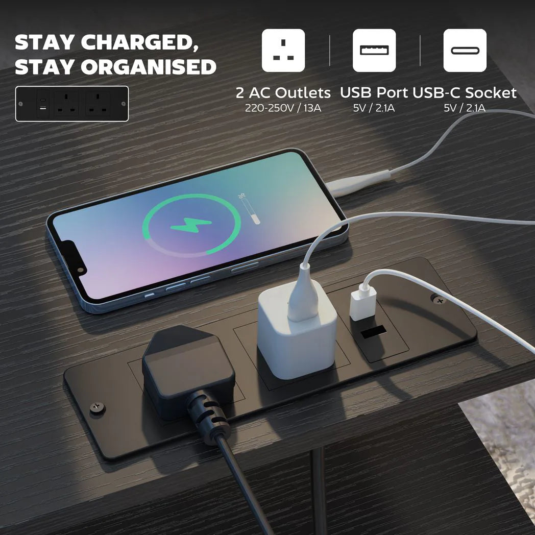 HOMCOM Slim Bedside Table with Charging Station – AC Outlets, USB-A & USB-C, Two Fabric Drawers, Black
