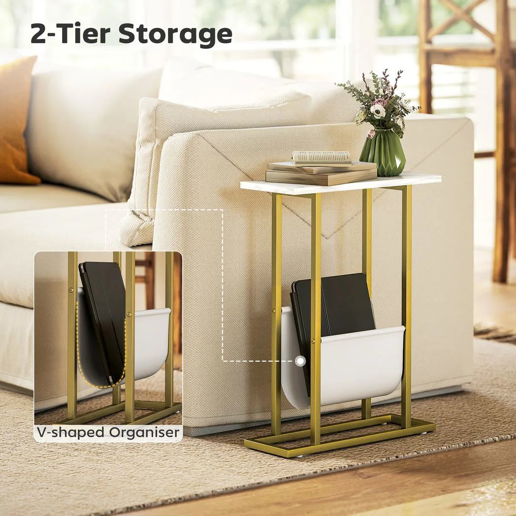 HOMCOM Narrow Side Table with Fabric Shelf – Slim Two-Tier End Table for Bedroom, White Marble Effect