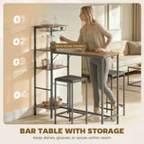 HOMCOM 3 Piece Breakfast Bar Table and Stools Set with 4-Tier Shelving and Wine Glass Racks, Rustic Brown