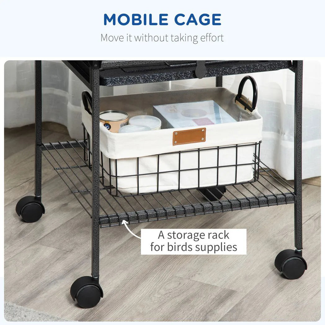 PawHut 156cm Parrot Cage with Open Play Top, Perches, Seed Guard & Wheels – Large Bird Cage, Dark Grey
