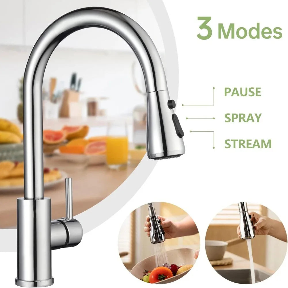 360° Pull-Out Kitchen Sink Mixer Tap with Dual Spray Modes – Single Lever Mono Tap, Brass Body, Silver