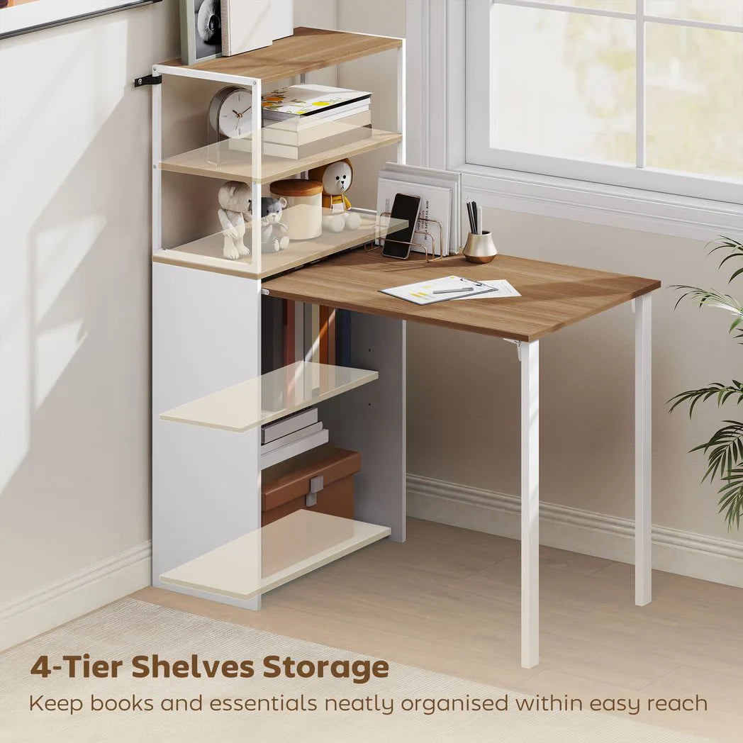 HOMCOM Folding Shelf and Work Table with 4 Tiers – 2-in-1 Bookshelf Desk for Small Spaces, Natural Wood Effect