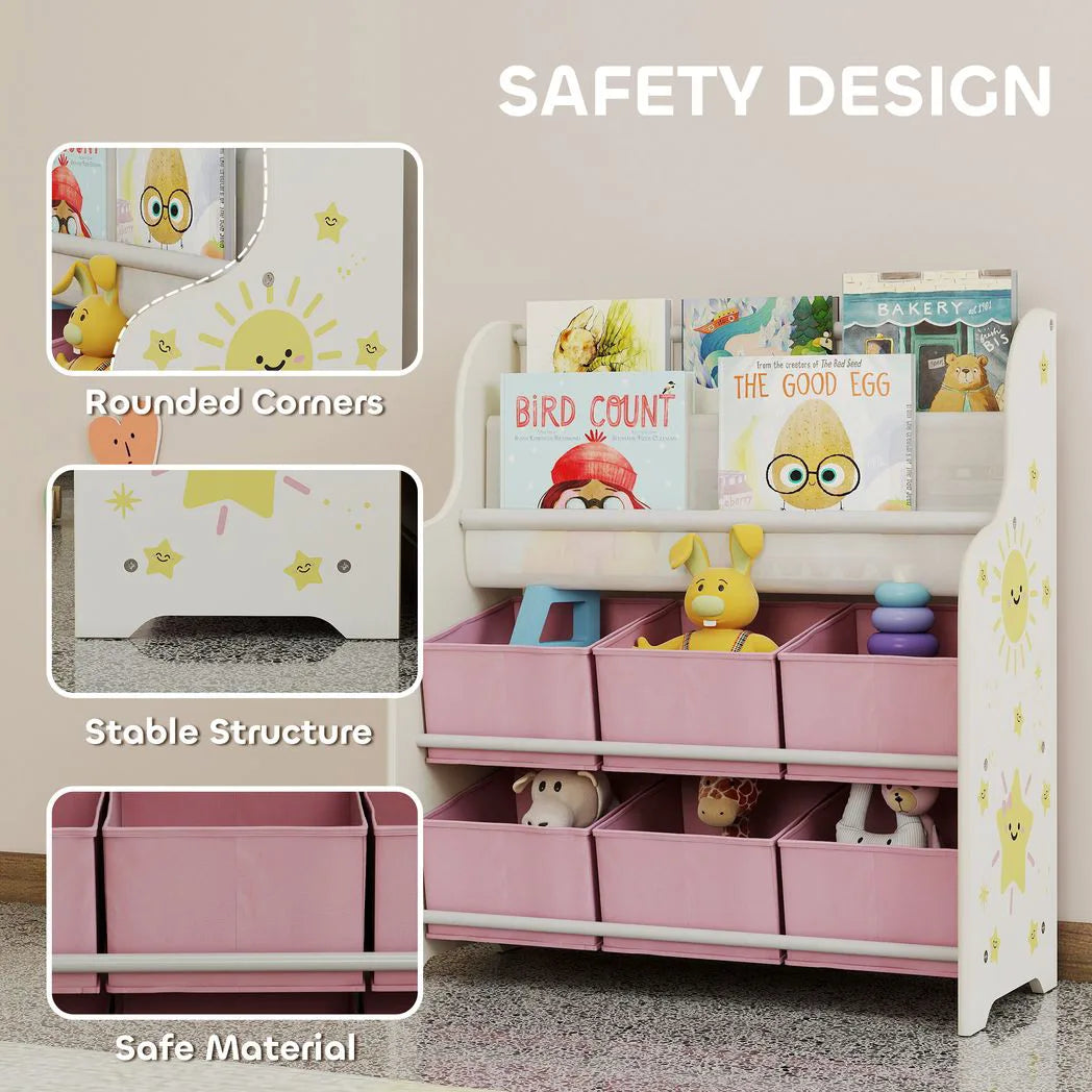 AIYAPLAY Kids Storage Unit with 6 Fabric Drawers & 2-Tier Sling Book Rack – Toy Organiser for Bedroom or Playroom, Pink