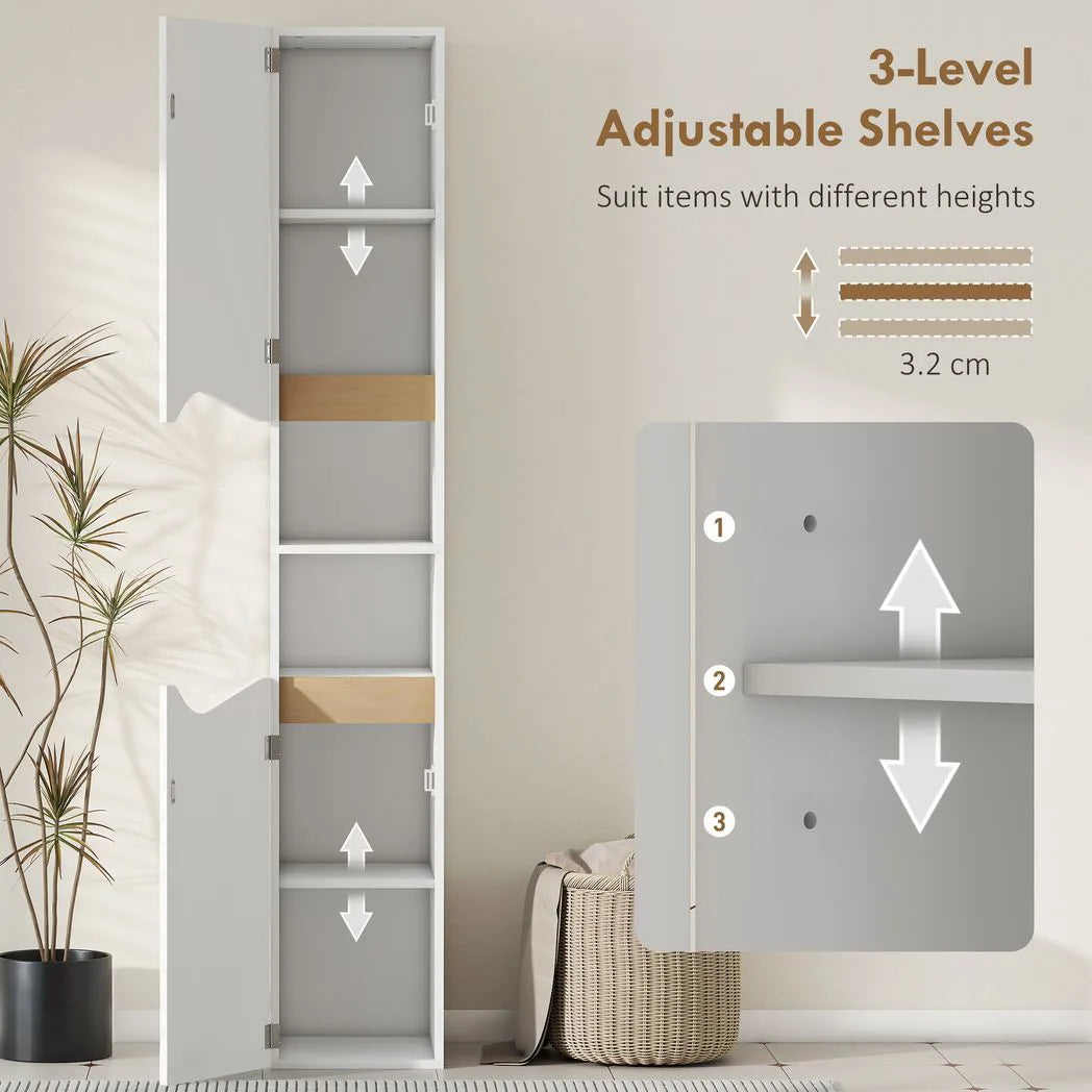 HOMCOM Tall Slim Bathroom Cabinet with 2 Doors and 2 Shelves – Space-Saving Storage, White and Natural Wood