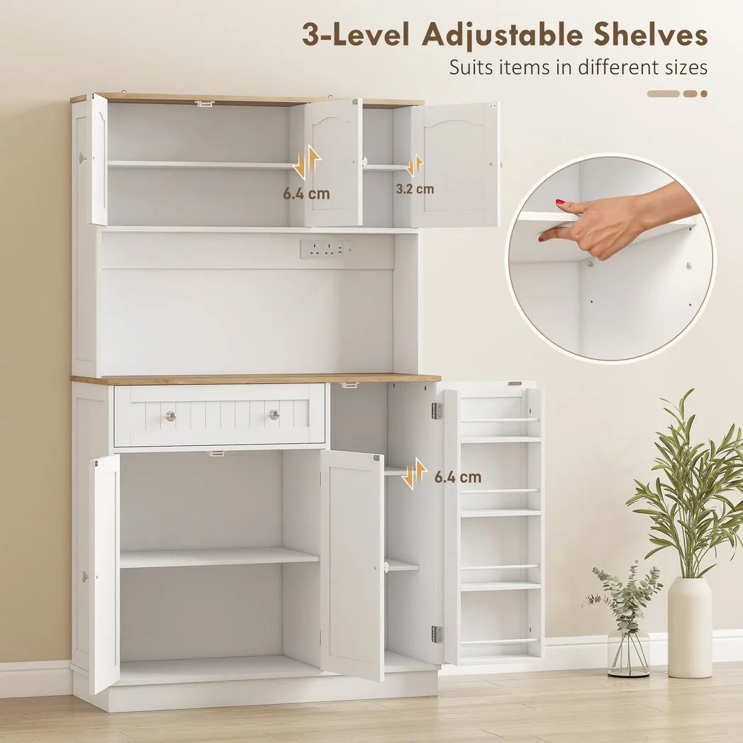 HOMCOM 173 cm Tall Kitchen Cupboard with Charging Station, Adjustable Shelves and 4 Door Racks – Pantry Storage Cabinet