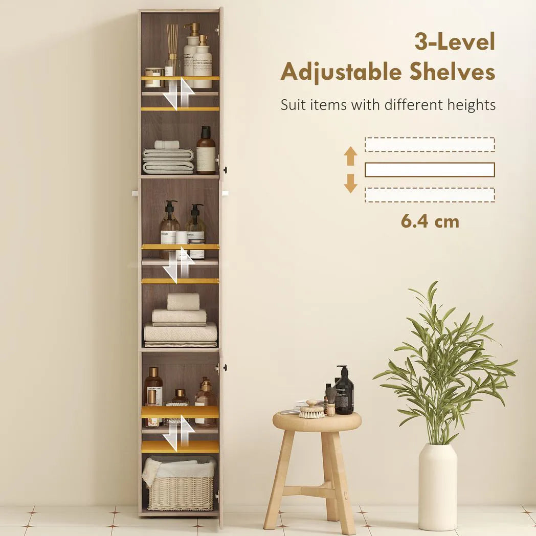 HOMCOM 6-Tier Tall Bathroom Cabinet with Fluted Doors & Adjustable Shelves – Slim Nordic Storage, Natural