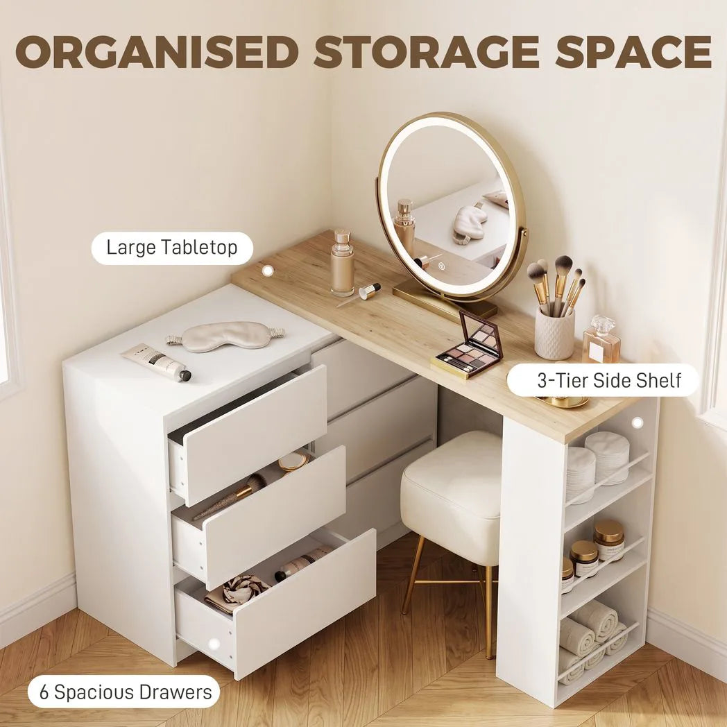 HOMCOM Vanity Dressing Table with 6 Drawers & 3-Tier Shelf – Flexible Straight or L-Shaped Layout Makeup Desk, White