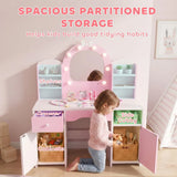AIYAPLAY Kids Vanity Set with Stool, Dual-Colour Lights Mirror, Cabinets, Drawer & Shelves – Children's Dressing Table, Pink
