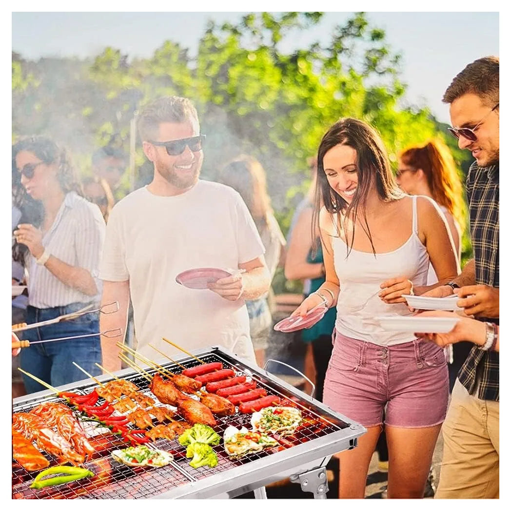 Folding Charcoal BBQ Grill, Portable Stainless Steel Barbecue with Two Mesh Panels – Garden, Picnic & Camping