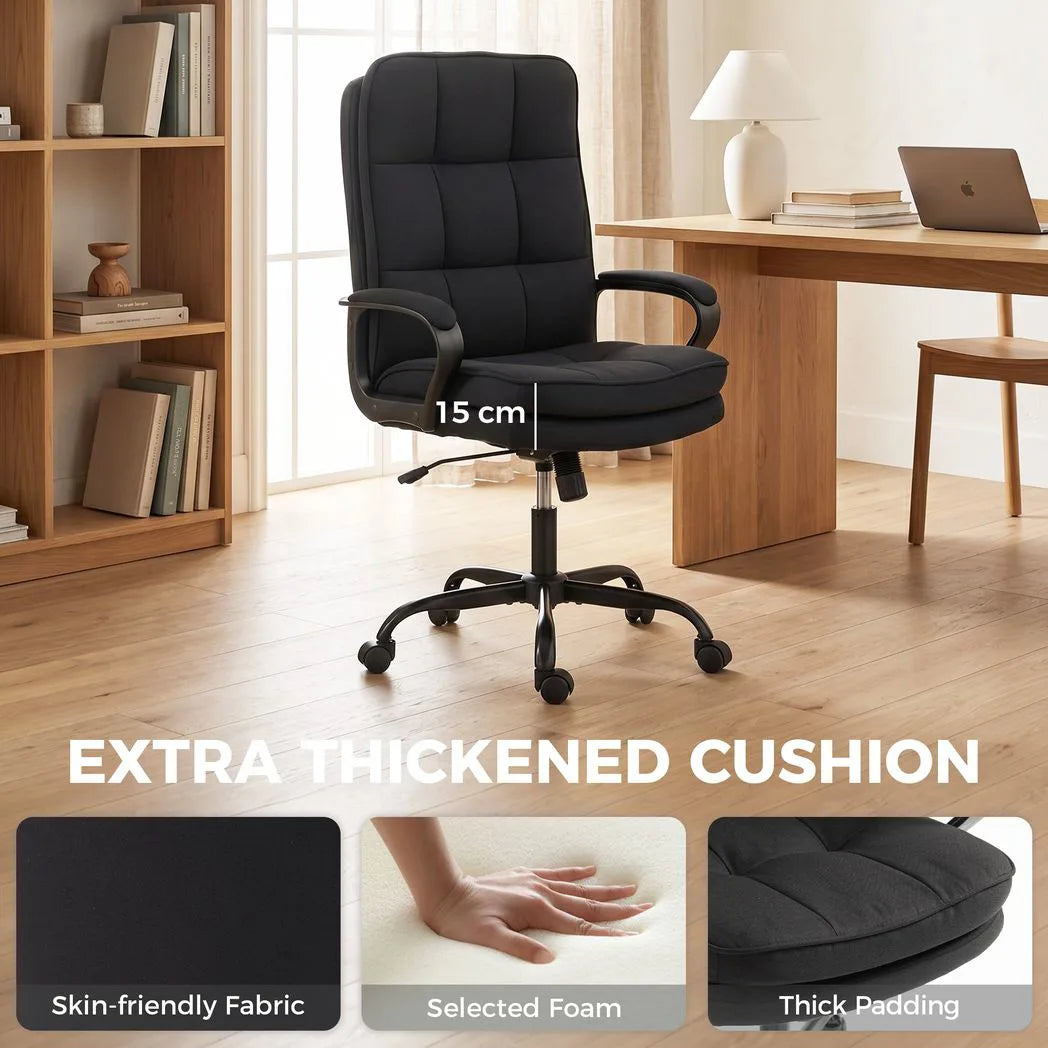 HOMCOM Double Padded Office Chair, Linen-Look Fabric, 60cm High Back, Height Adjustable and Rocking – Black