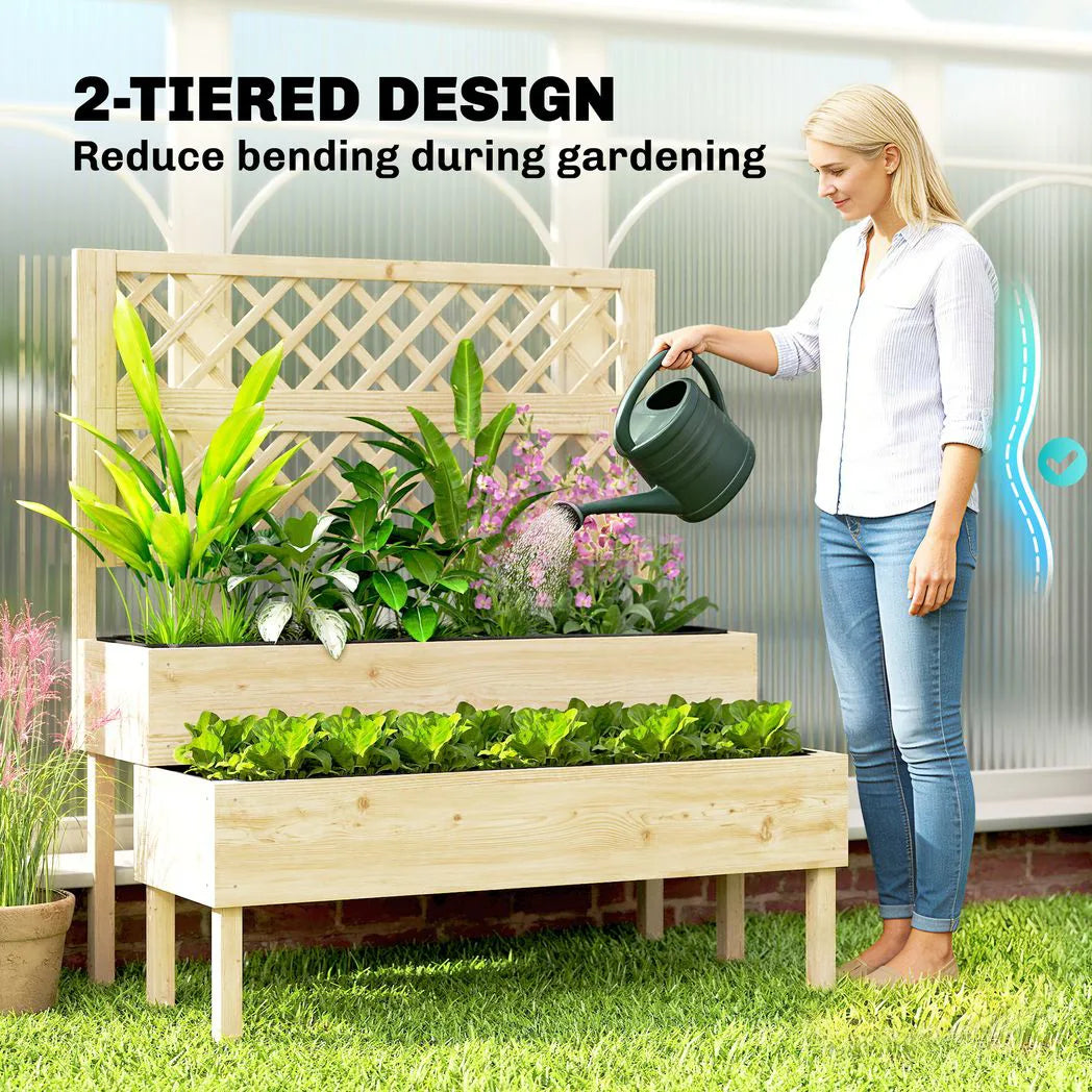Outsunny 2-Tier Raised Garden Bed with Trellis for Climbing Plants – Stepped Wooden Planter, 108 x 62 x 120cm