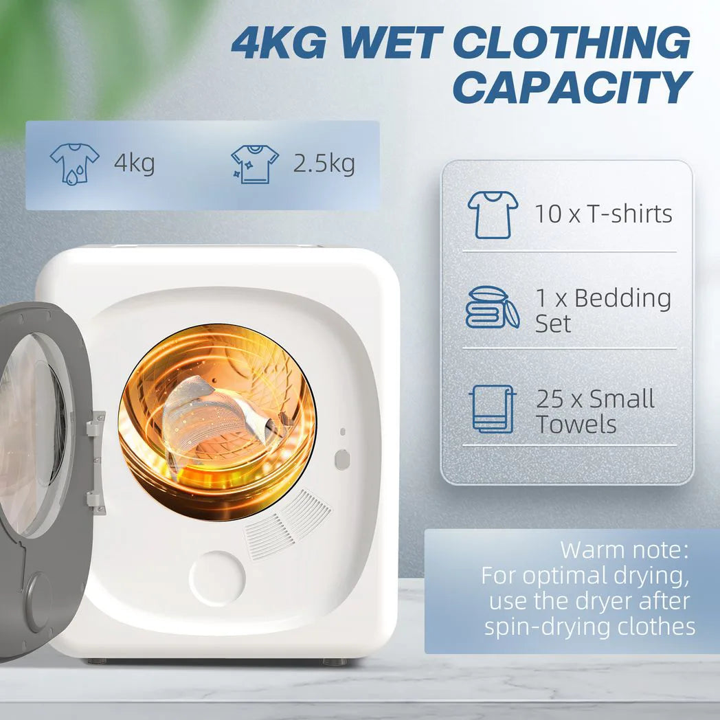 HOMCOM 4kg Vented Tumble Dryer, 800W Compact Freestanding Dryer with 5 Drying Modes and Touch Controls, White